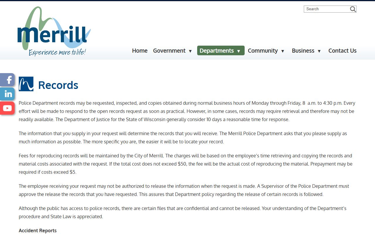 Merrill Residents Directory police records request