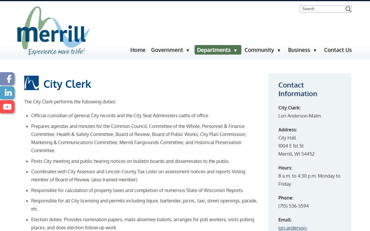 Merrill Residents Directory city clerk records