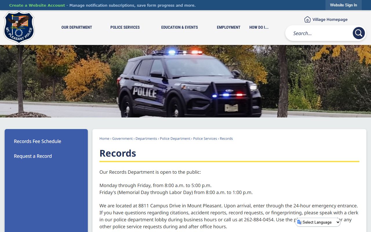Mount Pleasant Residents Directory at Mount Pleasant Police Department Records