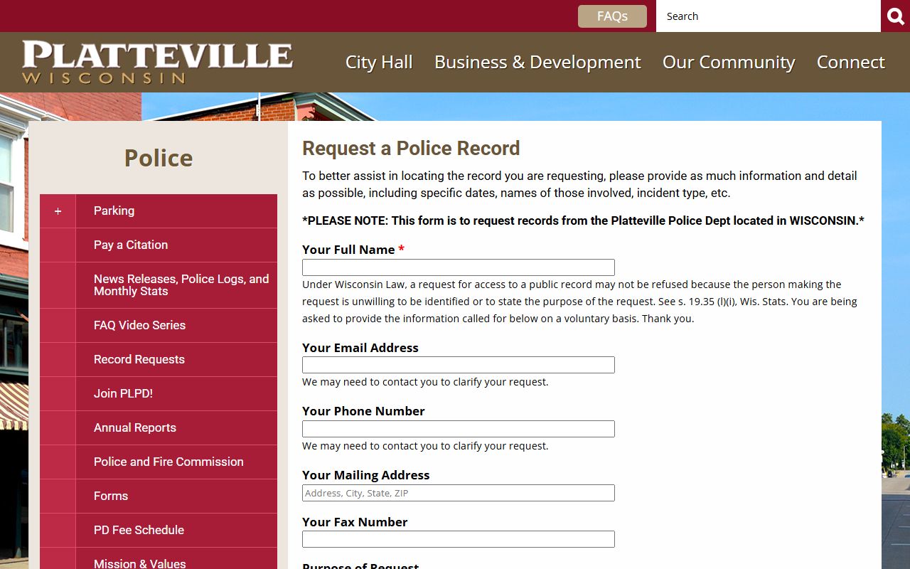 Platteville Residents Directory at Platteville Police Department record request