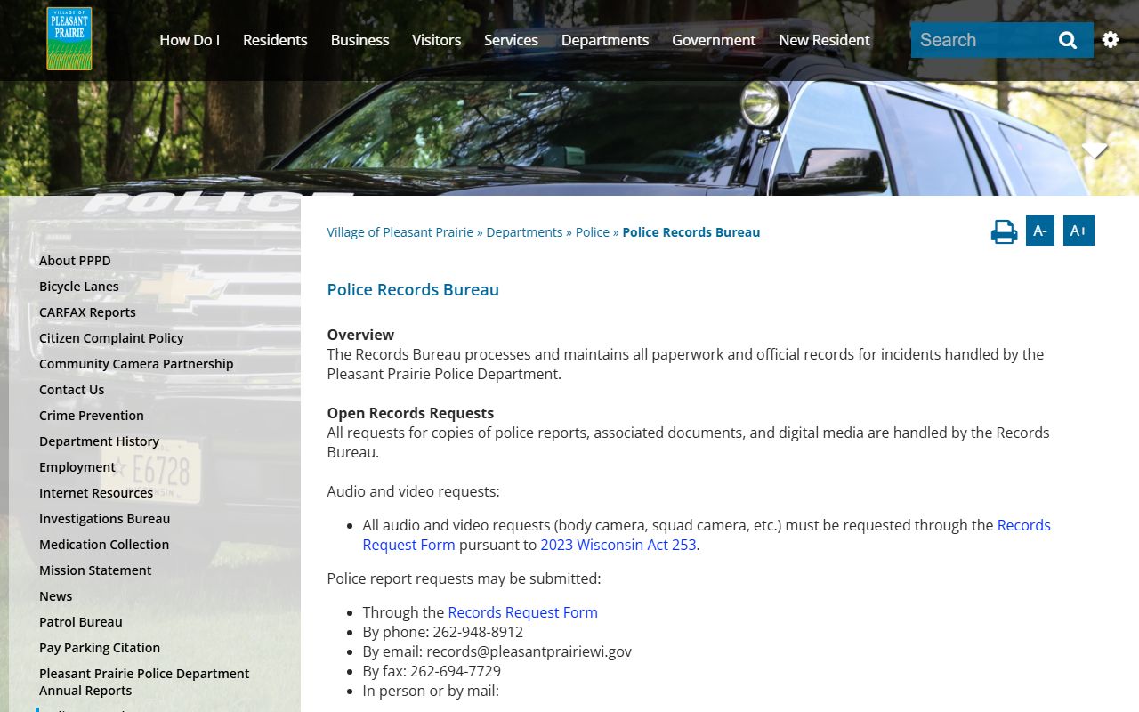 Pleasant Prairie Residents Directory police bureau image