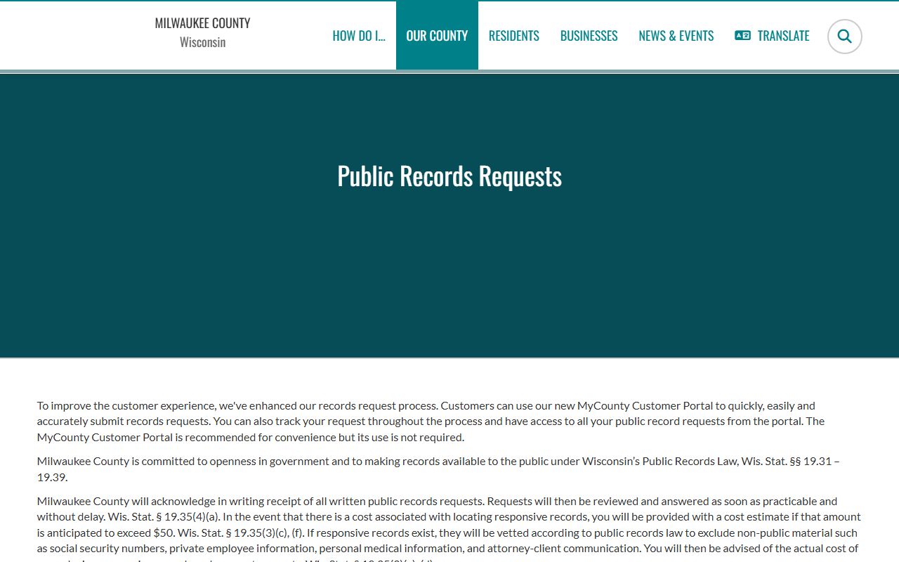 Milwaukee County Residents Directory at the Milwaukee County Public Records Request portal