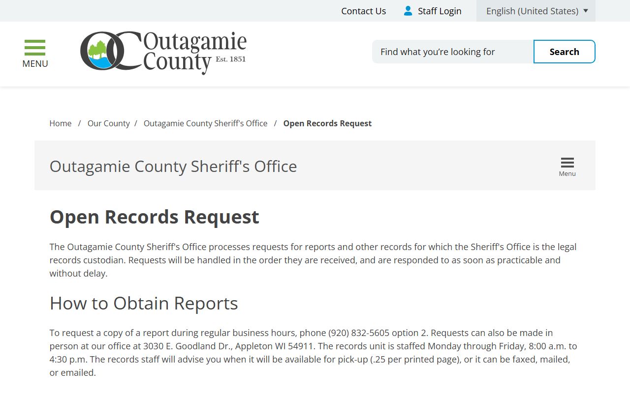 Outagamie County Residents Directory open records image